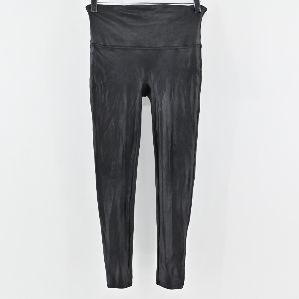 SPANX Leggings Womens Sz LP Black Faux Leather Mid Rise Ankle Grunge Athleisure